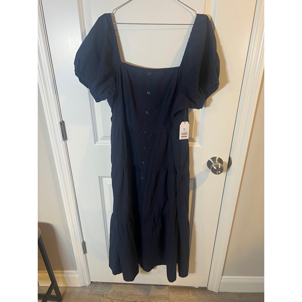 Time and Tru Womens Midiβ Dress Smocked Tiered Puff Sleeve Navy Blue XXL NWT
